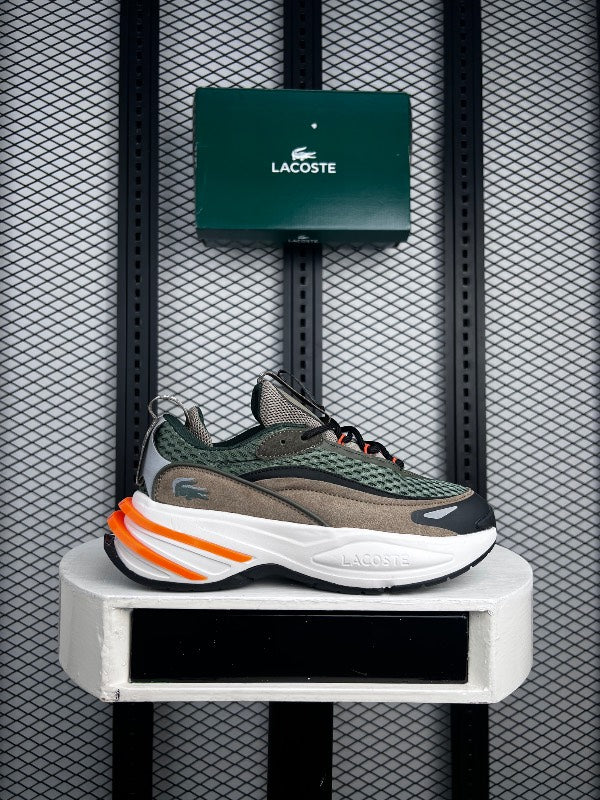 Layered orange heel clip runner in olive mesh