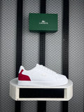 Red heel-counter white leather cupsole trainer