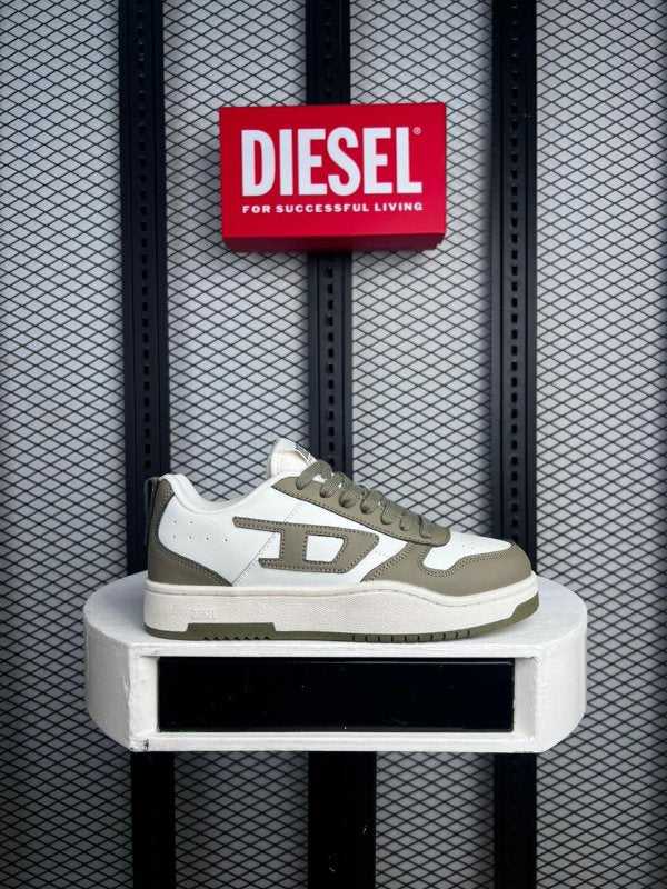Olive and white leather low-top court sneaker