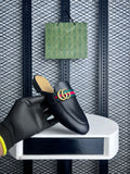 Smooth leather backless loafer with striped strap