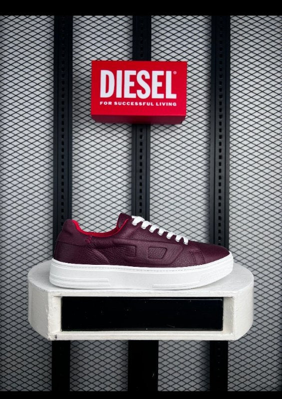 Pebbled burgundy leather low-top with thick white cupsole