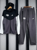 Matte-fleece colourblock hooded tracksuit in charcoal and black