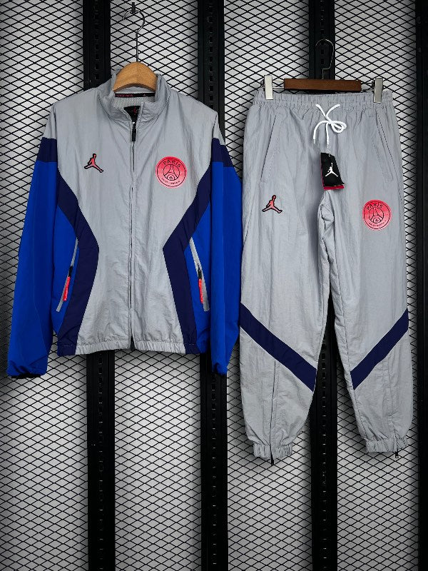 Grey nylon tracksuit with royal blue contrast panels