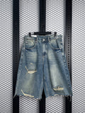 Denim distressed jorts with buckle waist detail