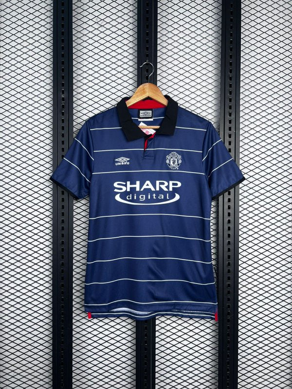 Short-sleeve polo silhouette in navy with horizontal pinstripes