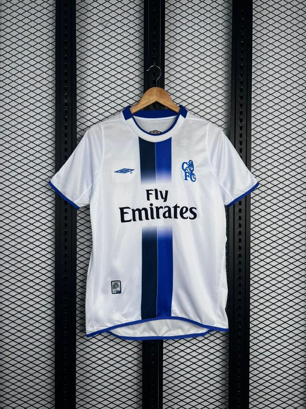 Blue-trimmed white football jersey with vertical center stripe