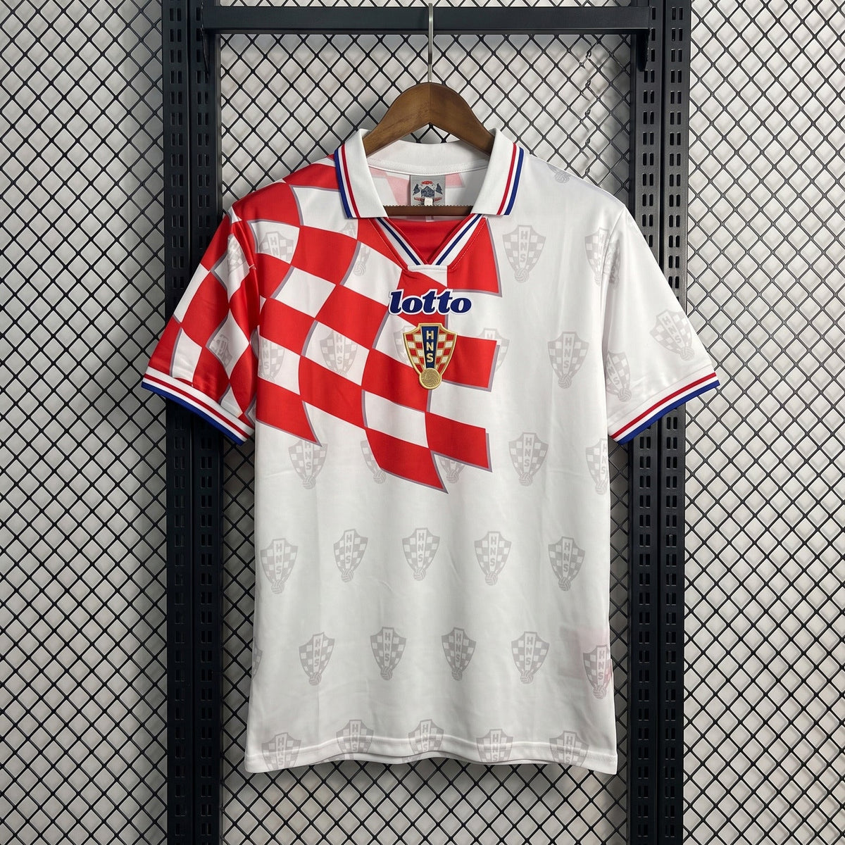 Checkerboard drape-panel collared football jersey in white and red