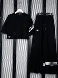 Chevron three-stripe wide-leg tracksuit set in black