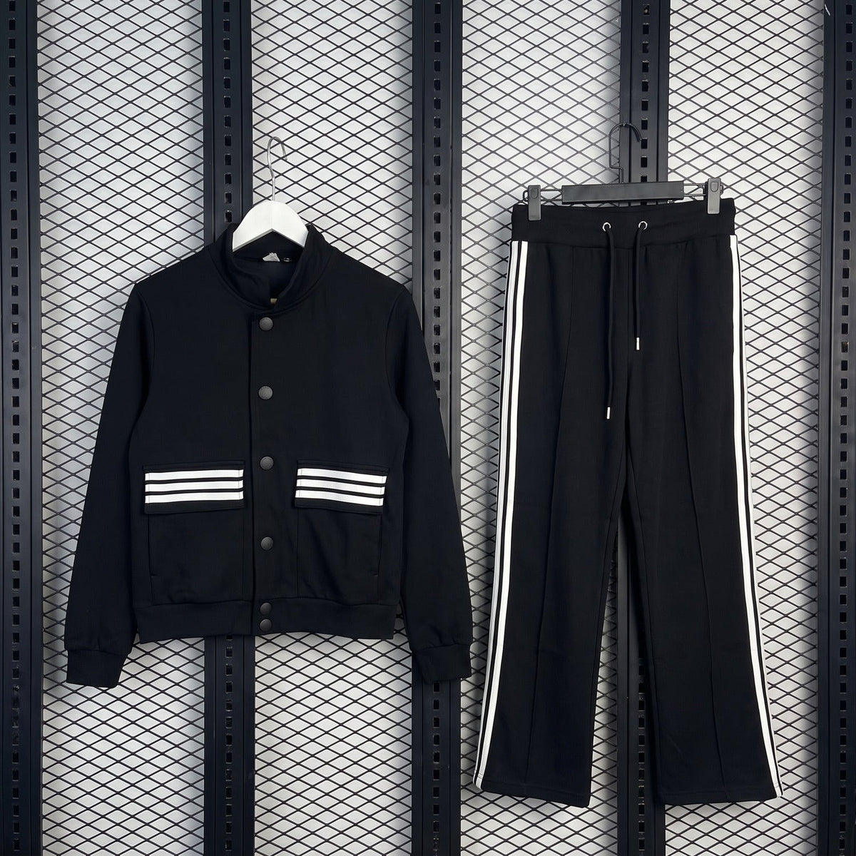 Knit track jacket and wide pants in black