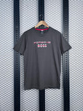 Black cotton crewneck tee with chest graphic