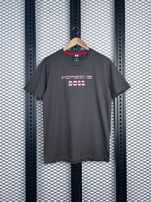 Black cotton crewneck tee with chest graphic