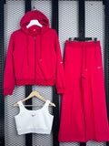 Zip-front hooded tracksuit in vibrant red jersey