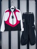 Matte nylon colourblock tracksuit in white, red and black