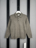 Henley-collar knit sweater in heathered taupe