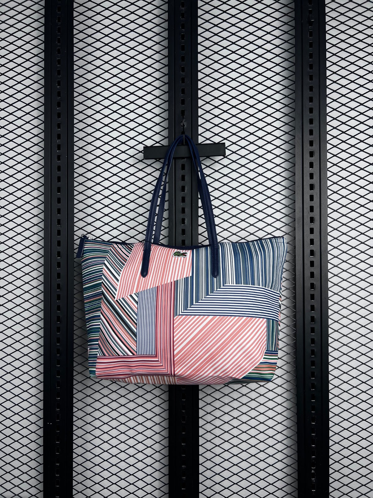 Patchwork stripe coated canvas tote with shoulder straps