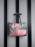 Grey shoulder-strap tote with geometric stripe panels