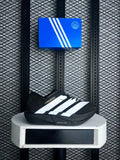 Black mesh racing shoe with oversized white angled stripes