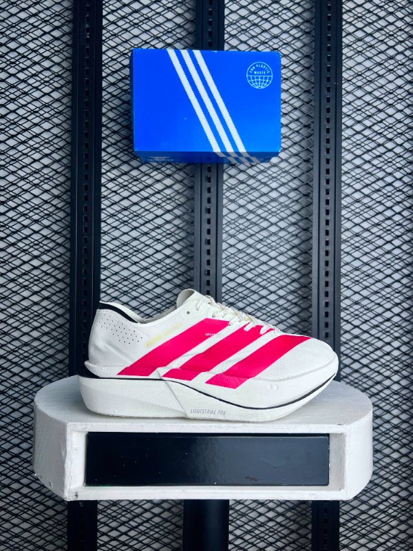 Matte white mesh runner with bold pink stripes