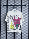 Ribbed collar textured knit tee with devil graphic