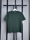 Heart-embroidered crewneck cotton tee in dark forest green