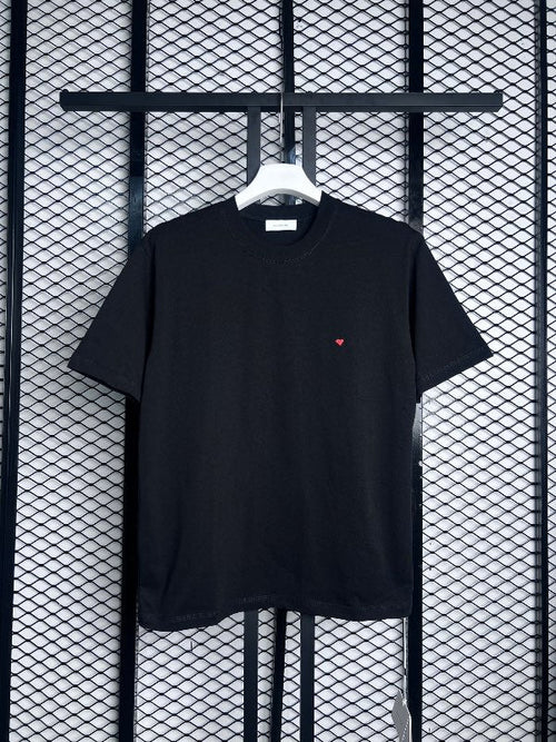 Black crewneck cotton tee with embroidered red heart